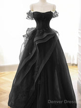 A-Line Black Off Shoulder Tulle With Lace Party Dress, Black Tulle Prom Dress